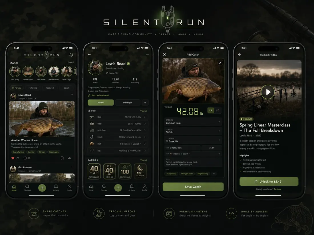 Silent Run original app design mockups showing feed, profile, catch screen and premium video